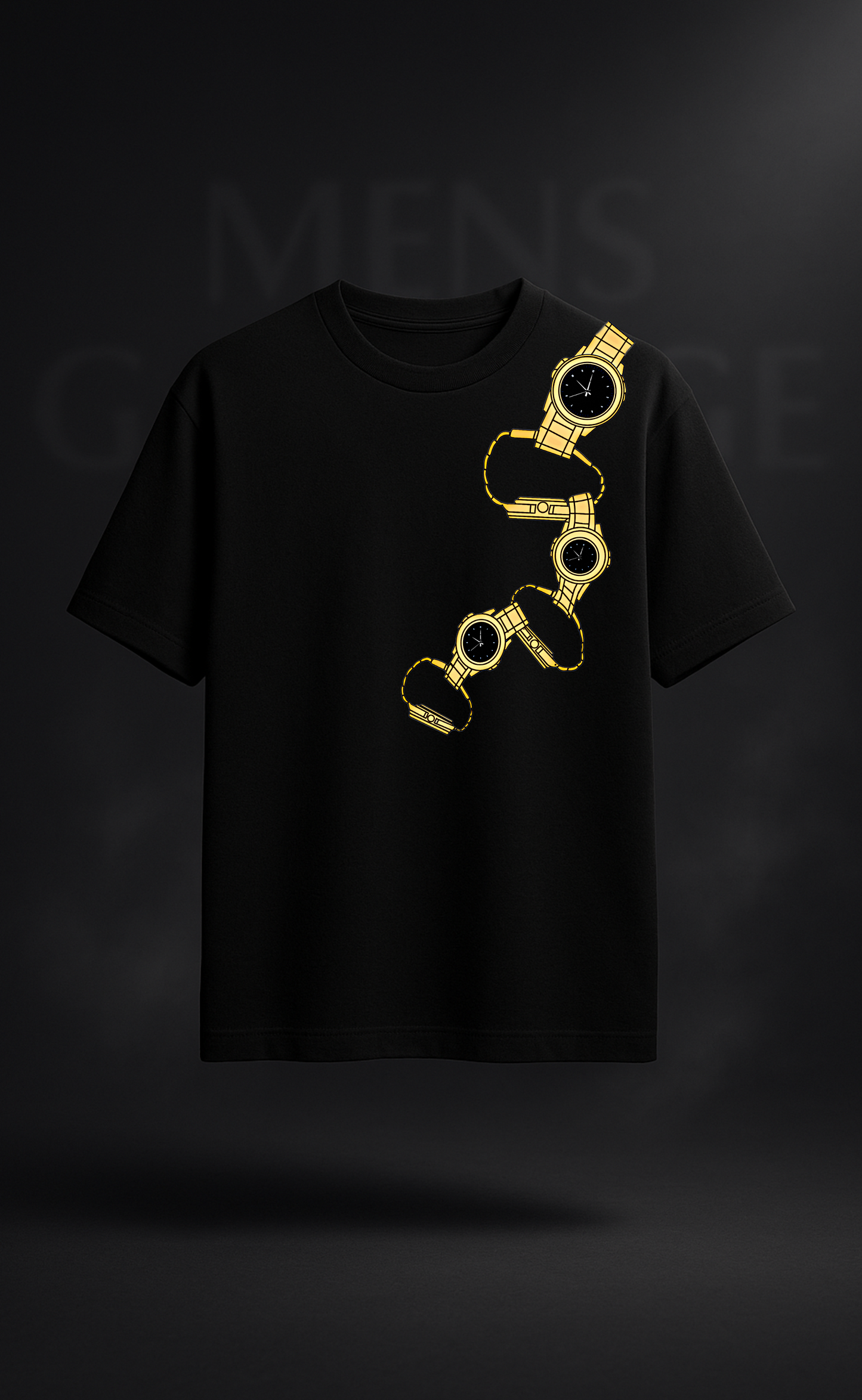 "Time Drops" Oversized Black T-Shirt – Gold Watch Print