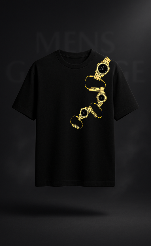 "Time Drops" Oversized Black T-Shirt – Gold Watch Print