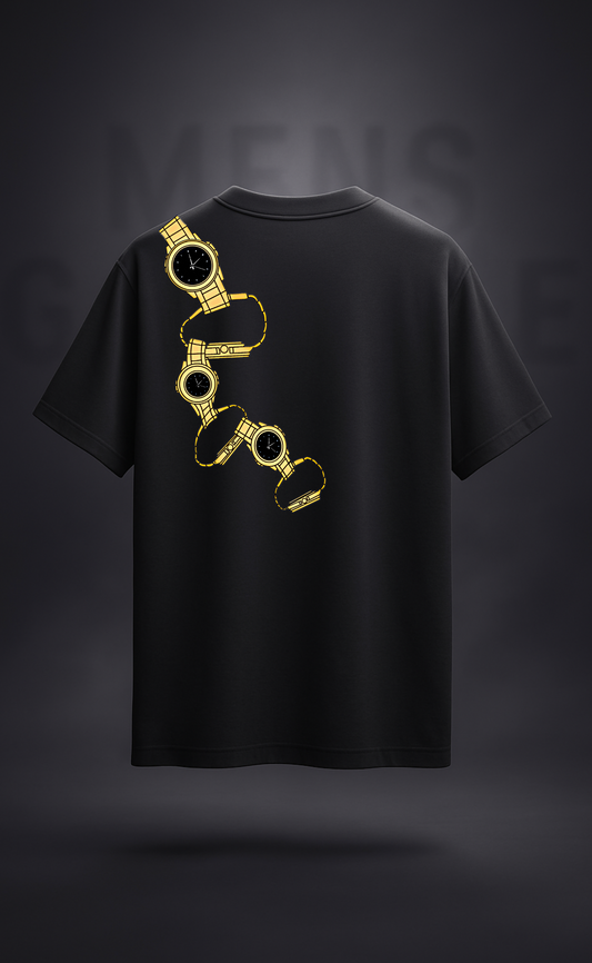 "Time Drops" Oversized Black T-Shirt – Gold Watch Print